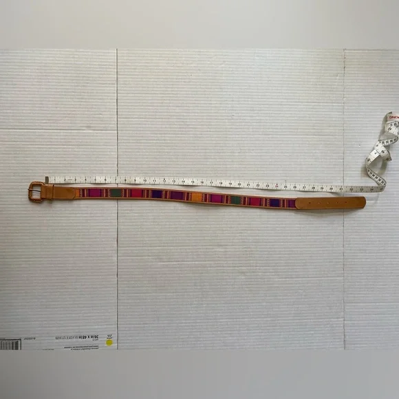 Vintage Omega Guatemalan Mayan Cotton Leather Belt Womens Size M Colorful Tribal - Picture 10 of 10